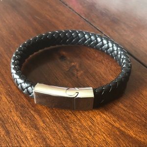 Men’s Braided Black Leather Cuff Silver Hardware
